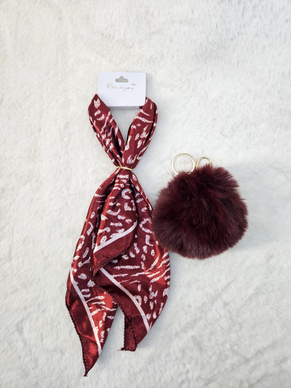 Burgundy Patterned Scarf with Faux Fur Pom Keychain Set